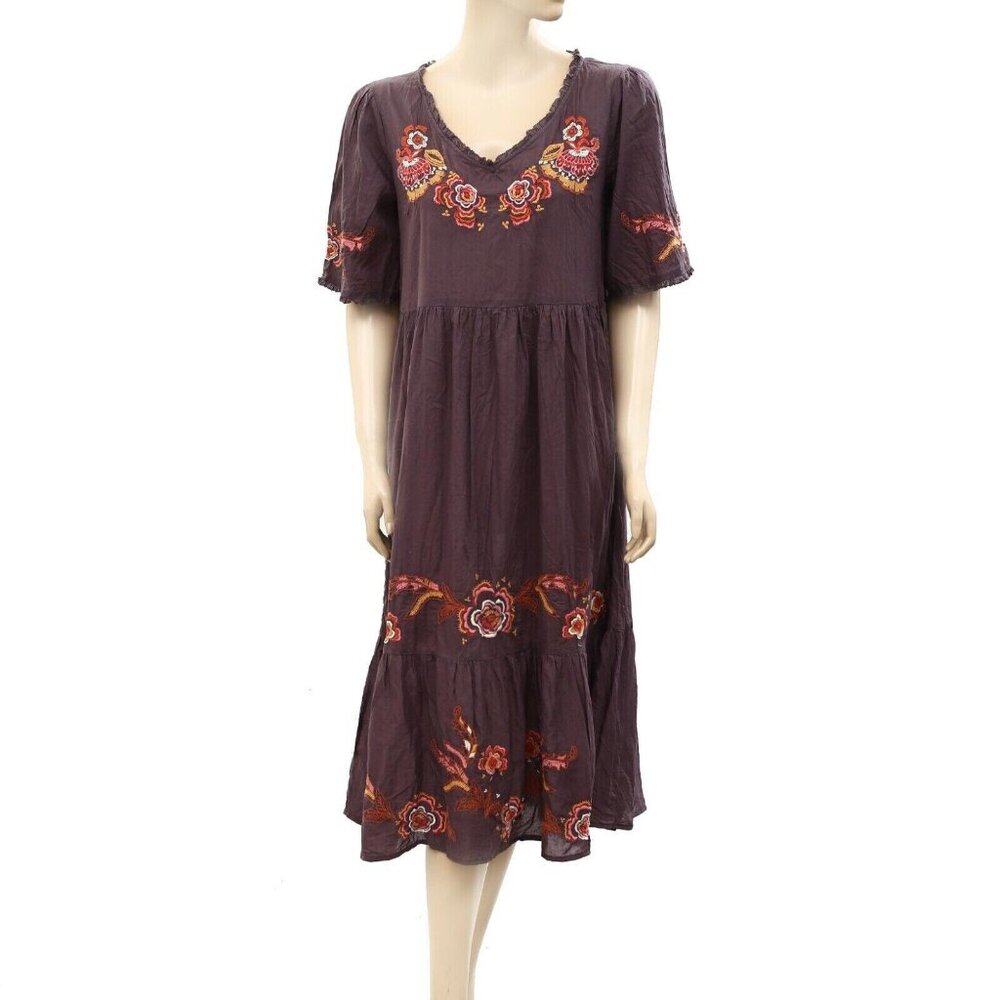 Odd Molly Anthropologie Floral Embroidered Ruffle Midi Dress Cotton S 1 233249